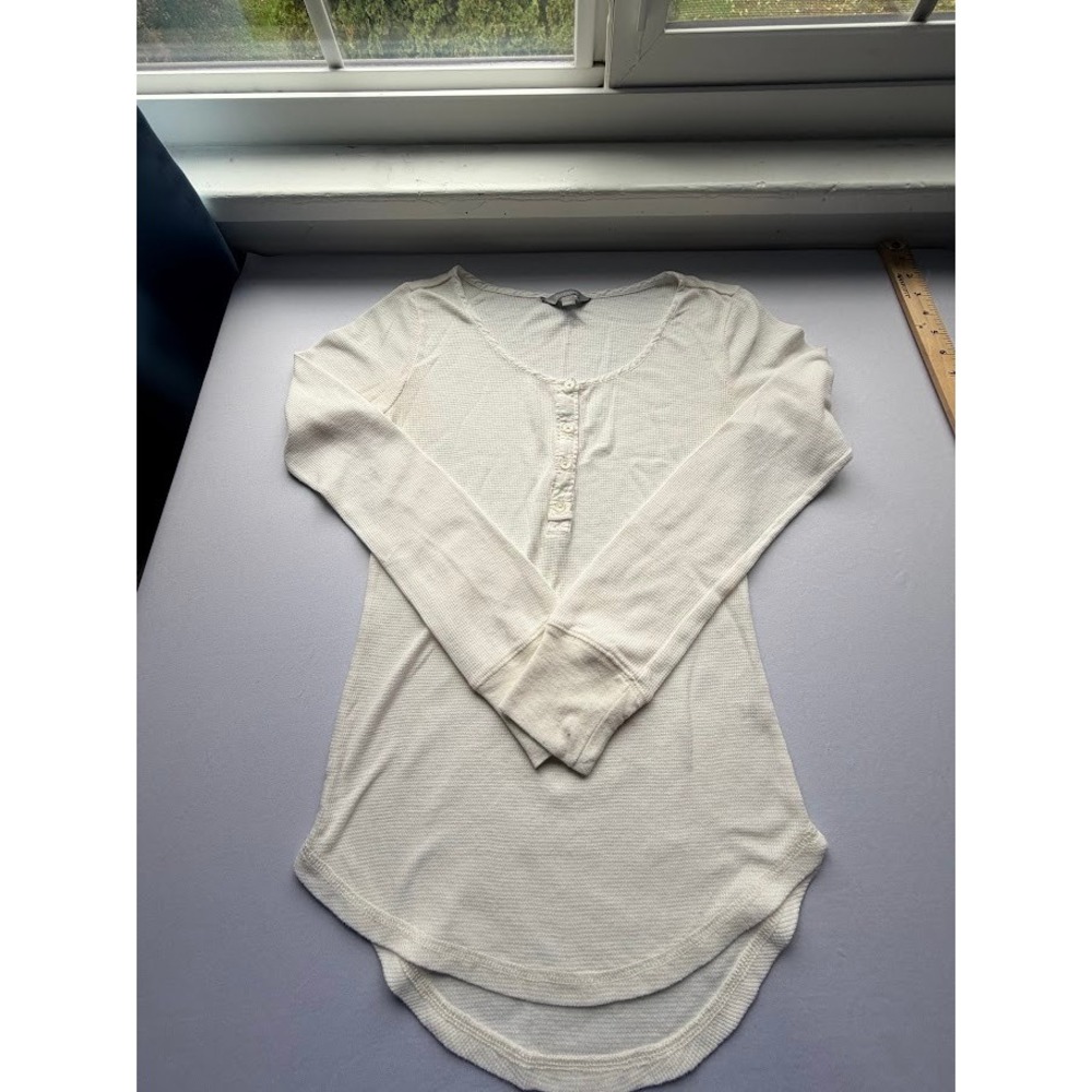 Rubbish Women Cream Waffle Knit Henley Long Sleeve Top Curved Hem Medium